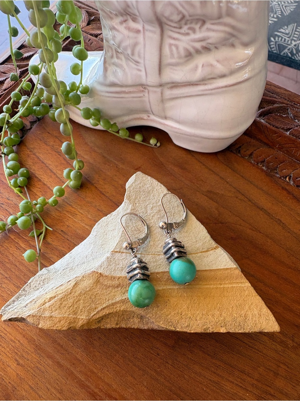 Turquoise Bead Drop Earrings - Sterling Silver .925